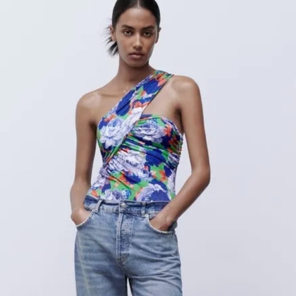 Zara Blue Floral One Shoulder Body Suit Top Womens Sz Small NWT